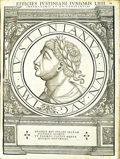 Iustinianus II, Illustration aus Imperatorum romanorum omnium orientalium et occidentalium verissimae imagines ex antiquis numismatis, Holzschnitt von Rudolph Wyssenbach, gedruckt von Andreas Gesner, Zürich von Hans Rudolf Manuel Deutsch